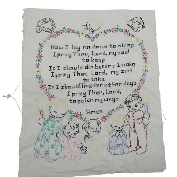 Vintage 1950s Embroidered Cross Stitch Completed Bedtime Prayer Religious Kids - Picture 1 of 8